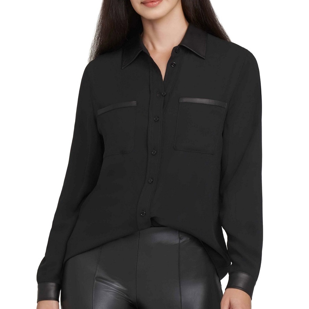 Ann Klein Faux Leather Accent Button Blouse